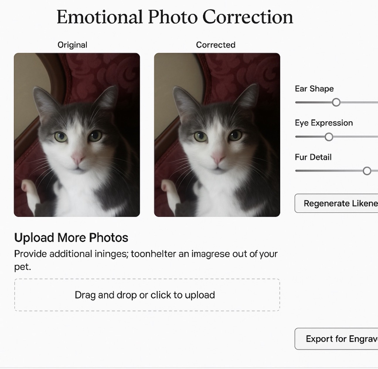 Benton Emotional Photo Correction reference interface with original, corrected, and likeness controls