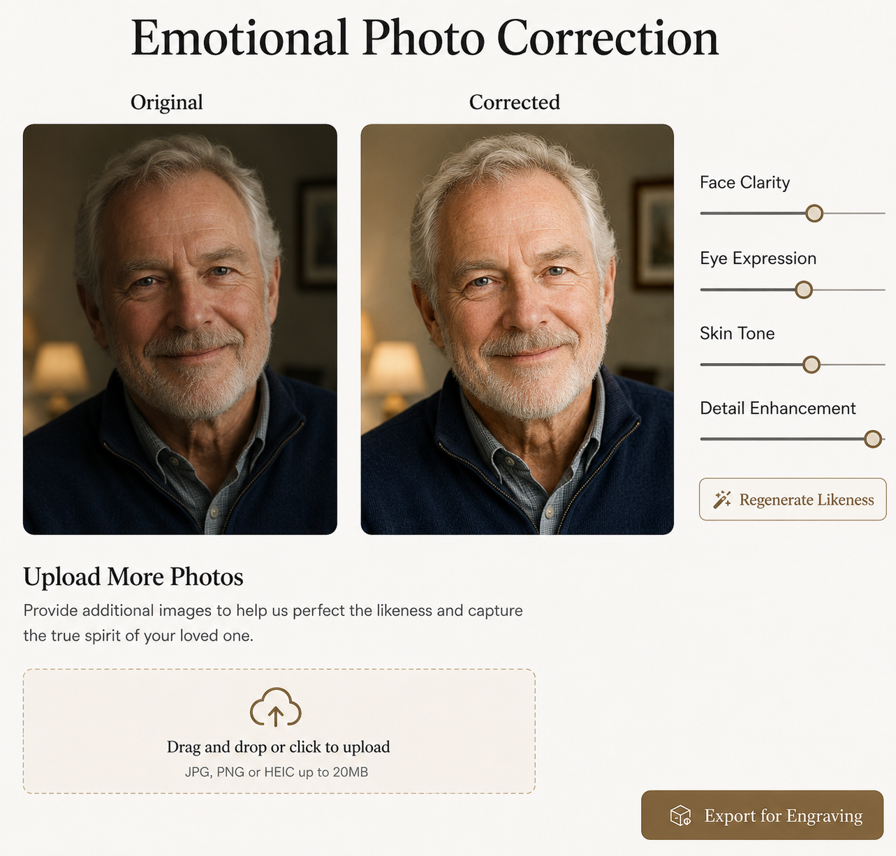 Human Emotional Photo Correction interface showing original and corrected portrait of a man